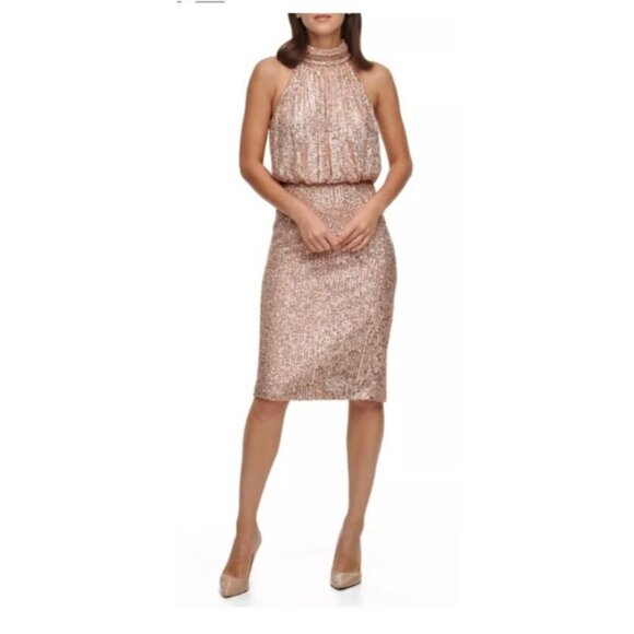 Eliza J Womens Sequin mockneck Dress Size 12 Rose Gold  Evening formal new - Picture 1 of 9